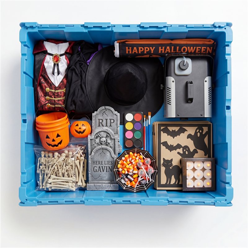 Halloween decorations stored in a Fort Lox box